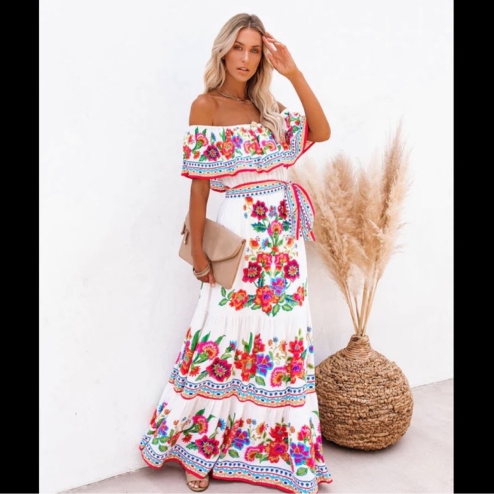 VICI Mamanuca Floral Off Shoulder Maxi Dress Ivory Size S